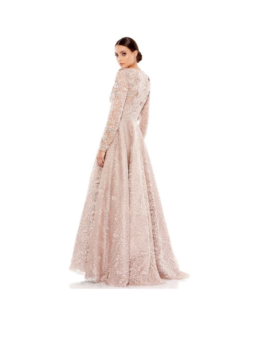 Mac Duggal NWT 11121 Mocha Embellished Long Sleeve Illusion A-Line Gown Size 6 - Picture 1 of 2